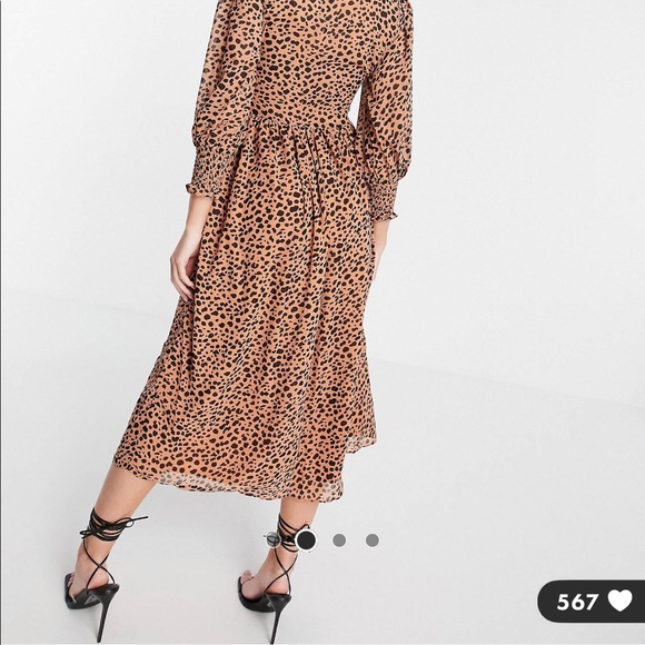 ASOS DESIGN SHIRRED LONG SLEEVE MIDI SPOT PRINT DEESS - Picture 2 of 3